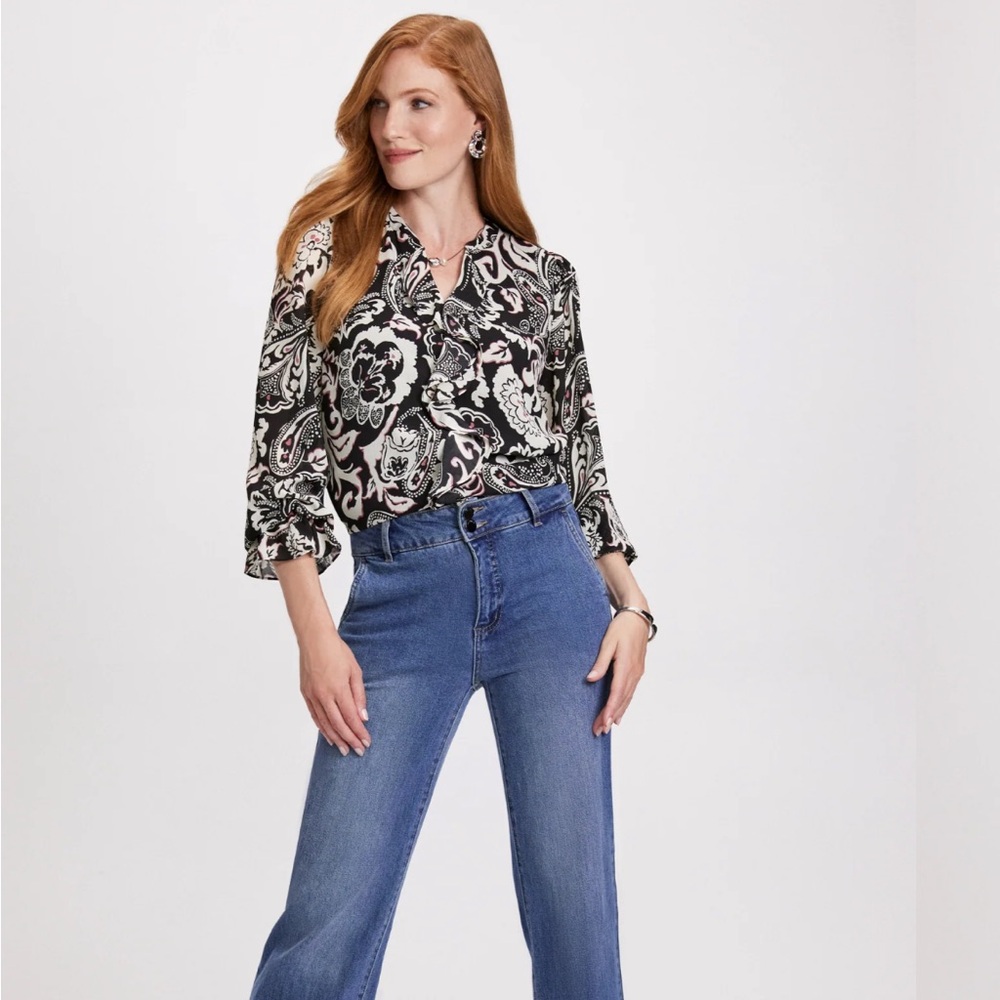 Laura Paisley Print Ruffle Front Blouse Black White Pattern - Picture 4 of 13